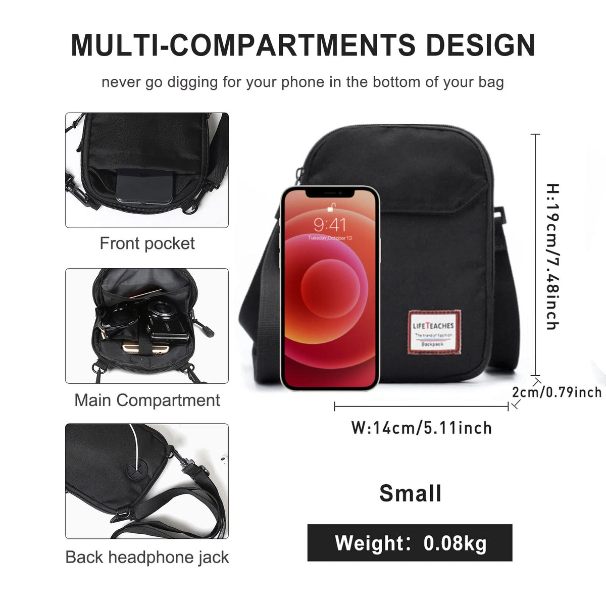 Mini Crossbody Bag Small Shoulder Bag For Men Travel Wallet Passport Holder Phone Purse Unisex, Mini Messenger Satchel Bag For Women Fanny Pack Neck Pouch Bags With Headphone Jack - Black