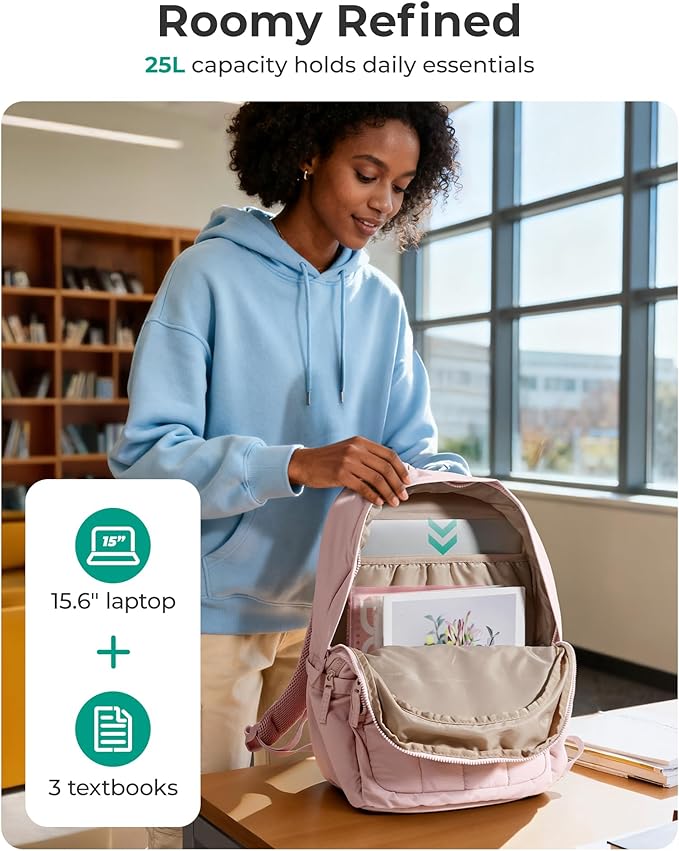 BAGSMART Womens Backpack Travel Laptop Backpack for Women, Quilted College Laptop Bookbag, Work Back Pack for Women, Cute Computer Water-Resistant Casual Daypack, Puffer Beige
