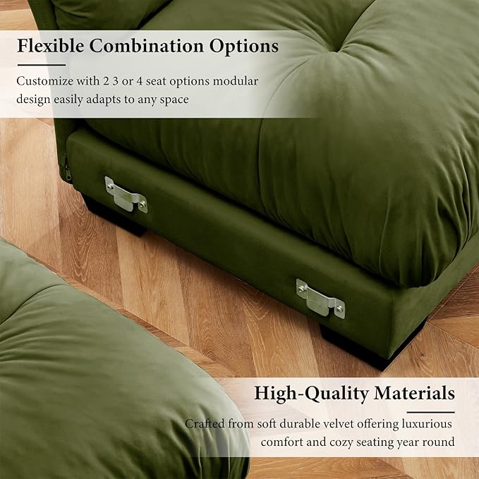166" Oversized Couch, 4 Seater Modular Sectional Sofa, Olive Green Large L Shaped Sectional Couches for Living Room, Fluffy Couch Set, 4 Seater, Velvet Cloud with Ottoman, Sofas for Living Room