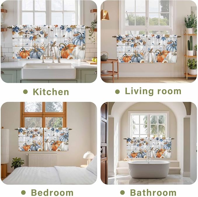 Thanksgiving Pumpkin Kitchen Tier Curtains 36 Inch Long 2 Panel Set, Rod Pocket