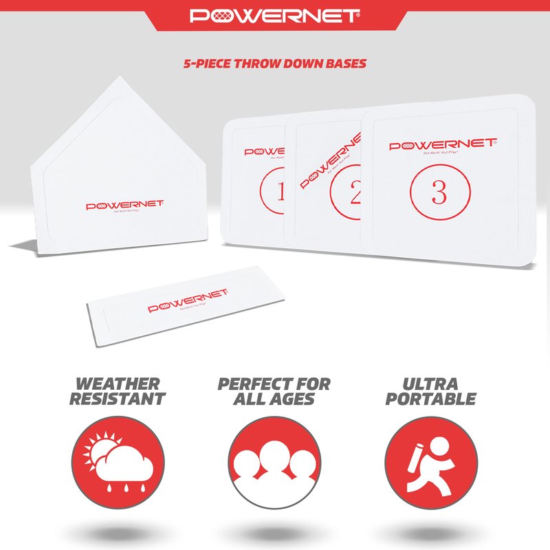 PowerNet 5-Piece Base Set for Baseball, Softball & Kickball, Flexible Anti-Slip Weather Resistant Rubber Bases for Yard Games