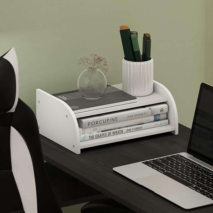 Furinno Classic Desk Organizers and Accessories, 2-Tier Monitor Riser, Office Organization, Desk Top Book Shelf, for Office Supplies, Desk Accessories, White