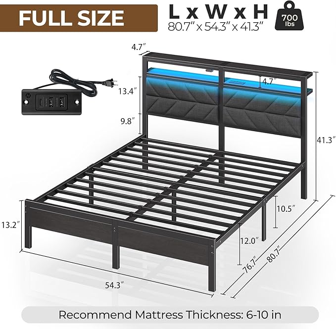 Seventable Bed Frame Full Size with Charging Station, LED Bed with Upholstered Storage Headboard, Metal Platform Bed with Under Bed Storage, No Box Spring Needed, Noise Free, Easy Assembly, Grey