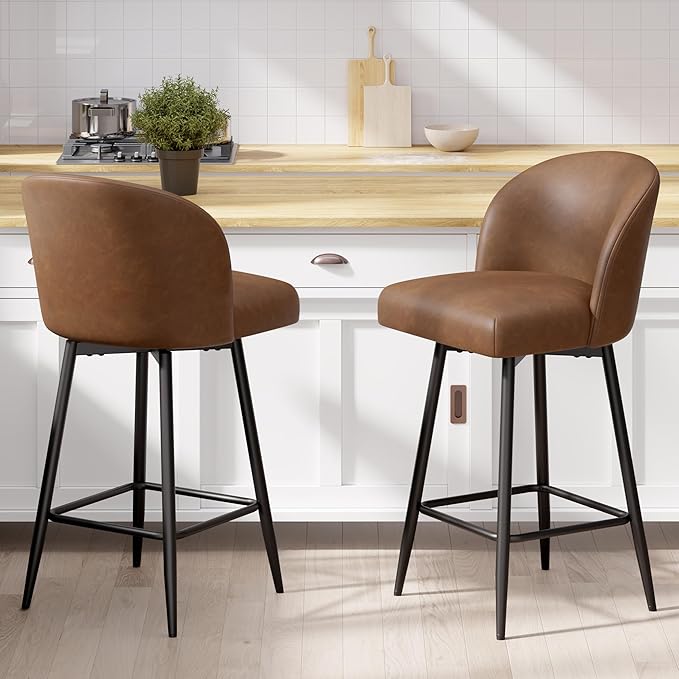 Counter Height Bar Stools Set of 2,360° Swivel Barstools with High Back and Metal Legs,26" Seat Height, Upholstered PU Leather Bar Chairs for Kitchen Island, Dining Room,Cafes,Yellow Brown