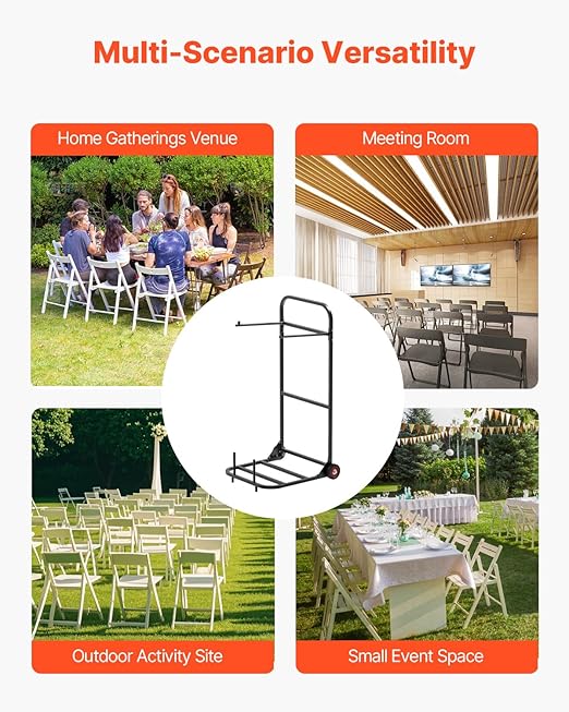 VEVOR Folding Chair Rack, 100 LBS Capacity, Heavy-Duty Chair Cart for Hanging 10 Chairs, Multi-Function Metal Chair Storage Dolly with Rubber Wheels, Push-Style Chair Holder, Matte Black