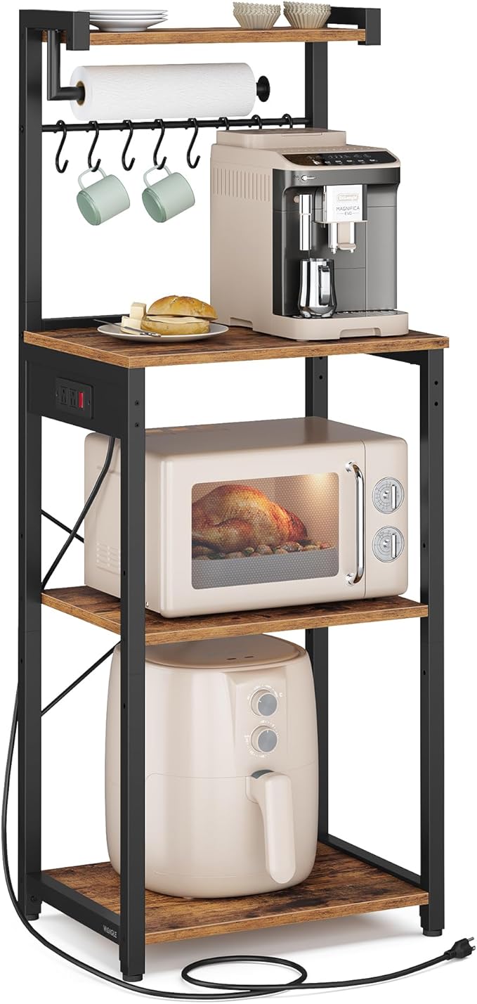 VASAGLE Kitchen Bakers Rack with Power Outlet, Coffee Bar 4-Tier with 8 S Hooks, Microwave Stand, Adjustable Shelf, for Small Spaces, 15.7 x 17.7 x 55.1 Inches, Rustic Brown and Ink Black UKKS013KD01