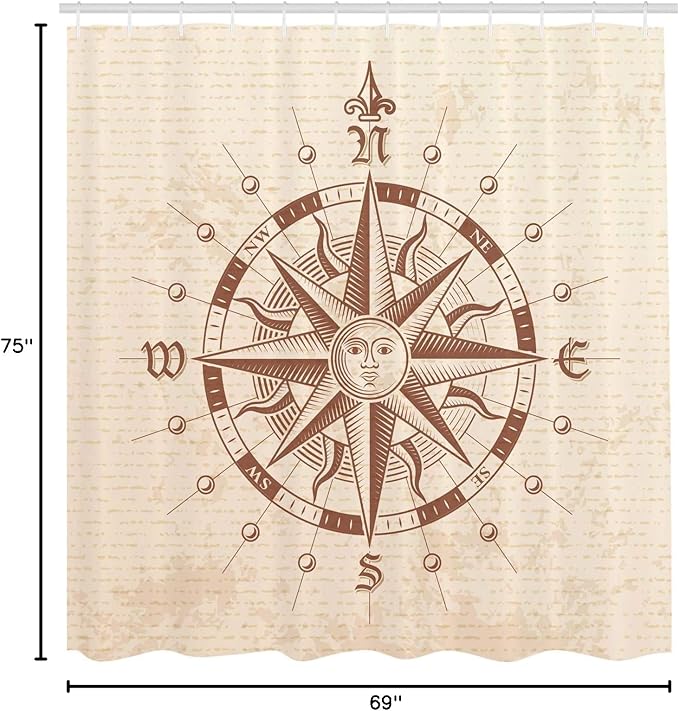 Ambesonne Compass Shower Curtain, Old Compass Rose a Sun Face Lady on It Instrument Distances Between Points Graphic, Cloth Fabric Bathroom Decor Set with Hooks, 69" W x 75" L, Tan Brown