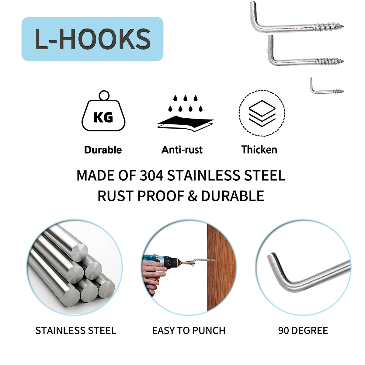 soimuk 304 Stainless Steel 3/4 in Screw-in Hooks 100 Pcs,7 Shape Screw Hooks,Small Hooks l Shaped Screw in Hooks for Hanging