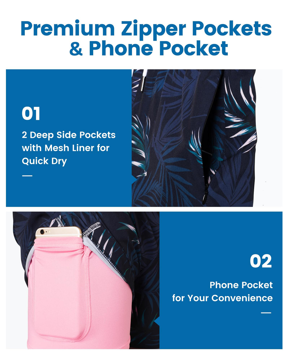 maamgic Mens Swim Trunks with Compression Liner 5 Inch, Quick Dry Bathing Suit with Zipper Pockets, Stretch No-Chafing Swim Shorts, Navy-Pink Leaf Silhouette Medium