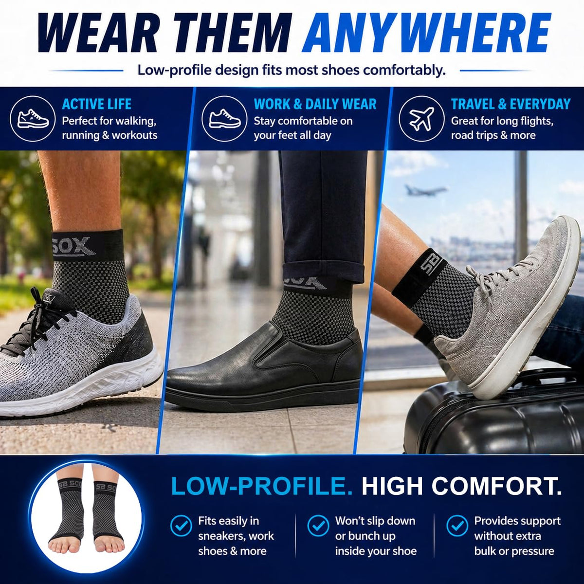 SB SOX Plantar Fasciitis Compression Socks – Arch Support Sleeve for Heel Pain Relief, Achilles Tendonitis & Foot Pain – Toeless Ankle Compression, All-Day Comfort (Gray, Medium)