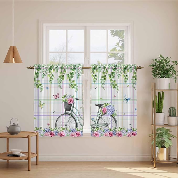 Spring Kitchen Curtains, Bicycles Botanical Leaves Rose Colorful Stripes Light