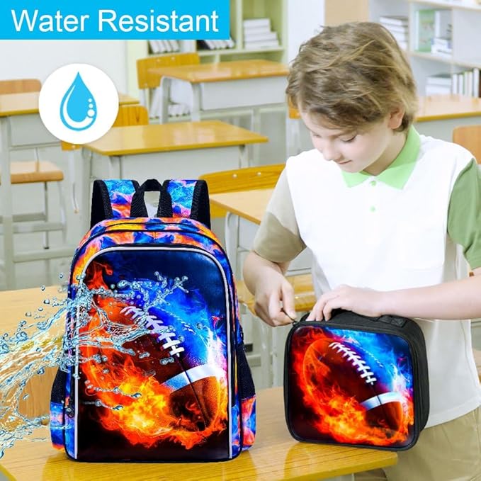 KLFVB 3PCS Kids Bookbag, 17" Boys Backpack and Lunch Box, Water Resistant Teenagers School Bag for Middle Elementary - Flame Rugby