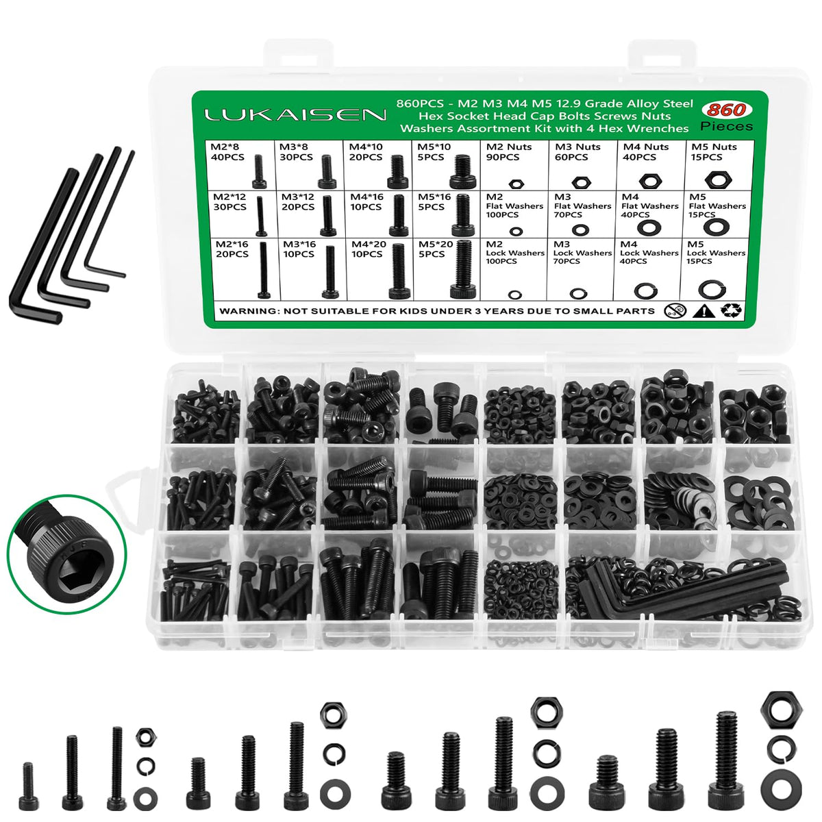 860PCS Metric Screw Assortment Kit, M2 M3 M4 M5 Machine Screws with Lock & Flat Washers, 12.9 Grade Alloy Steel, Metric Hex Socket Head Cap Nuts and Bolts Assortment Kit with 4 Wrenches