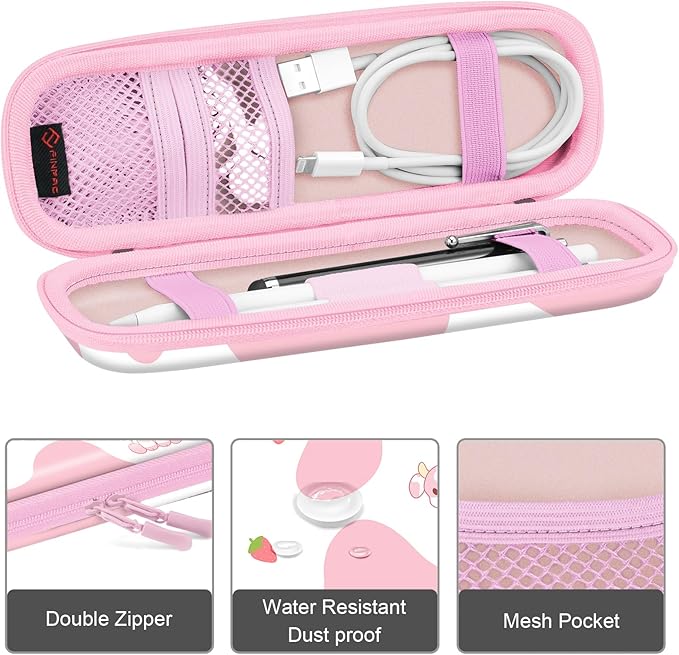 Fintie Holder Case for Apple Pencil Pro, Apple Pencil (USB-C / 1st / 2nd Generation), PU Leather Carrying Bag Sleeve Compatible with Pen, USB Cable, Samsung Stylus, Strawberry Cow