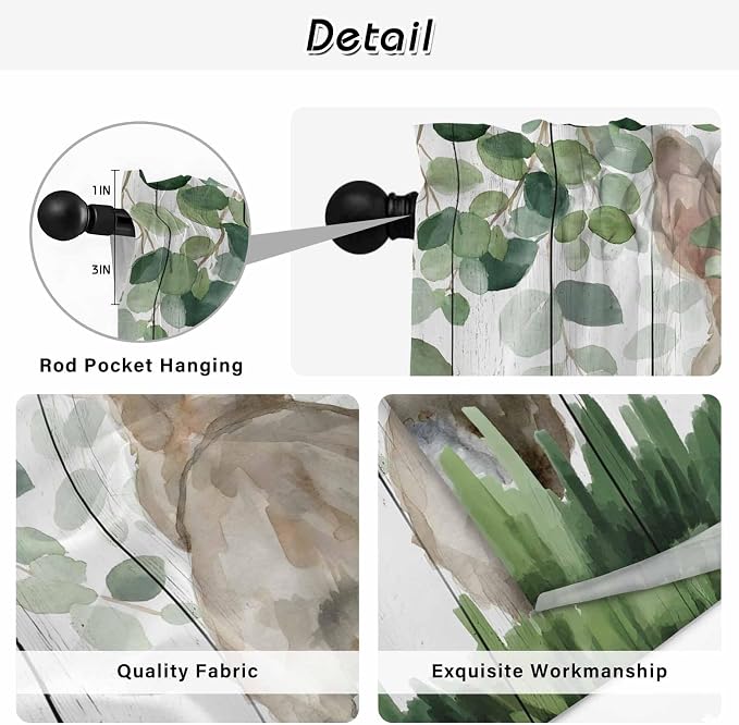 Easter Tier Curtains, Country Rabbit Botanical Leaves Wooden Grain Light