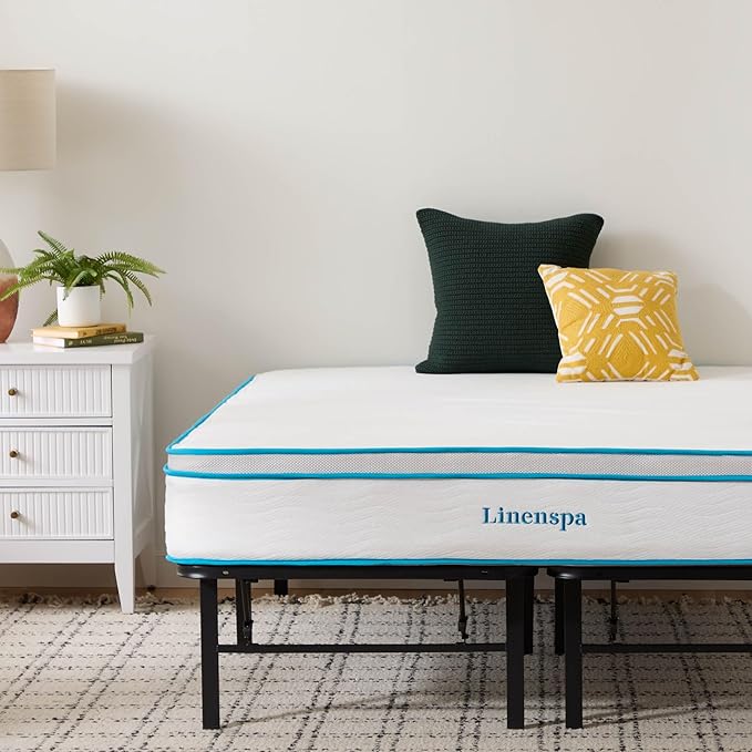 Linenspa 10” Memory Foam and Innerspring Hybrid Mattress + 14” Black Metal Platform Bed – Twin XL Mattress + Metal Folding Twin XL Bedframe