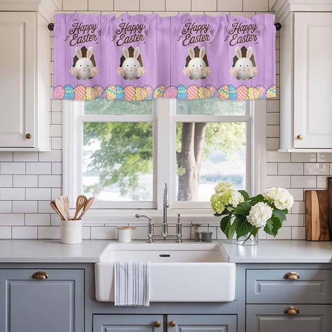 Purple Easter Curtain Valances for Windows, Kitchen Valance Window Treatment