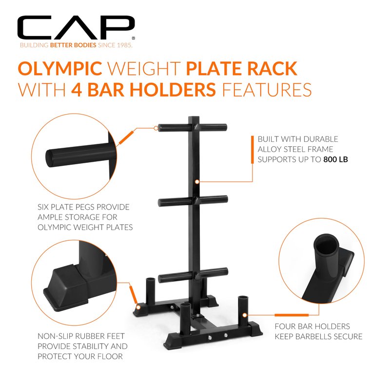 CAP Olympic Bumper Plate Tree Rack with 6 Weight Plate Posts & 4 Barbell Holders, Heavy-Duty Steel Plate Storage Rack for Home Gym, Black, 660 lb Capacity