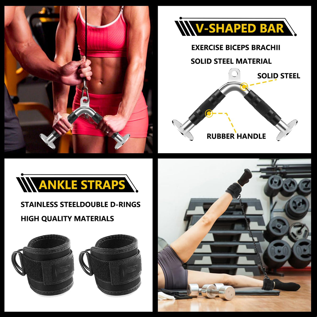 WNOEY Cable Machine Attachment, LAT Pulldown Attachments, Home Gym Accessories, Triceps Pull Down Attachment (V Handle + Row Handle + Rotating Bar + Tricep Rope + Ankle Straps + D Handle)
