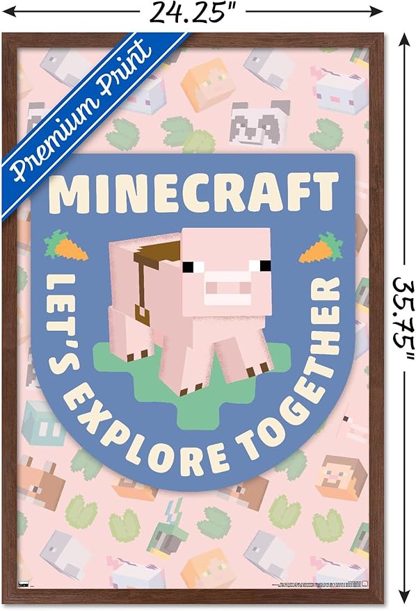 Trends International Minecraft - Let's Explore Together Wall Poster, 34L x 22.4W, Mahogany Framed Version