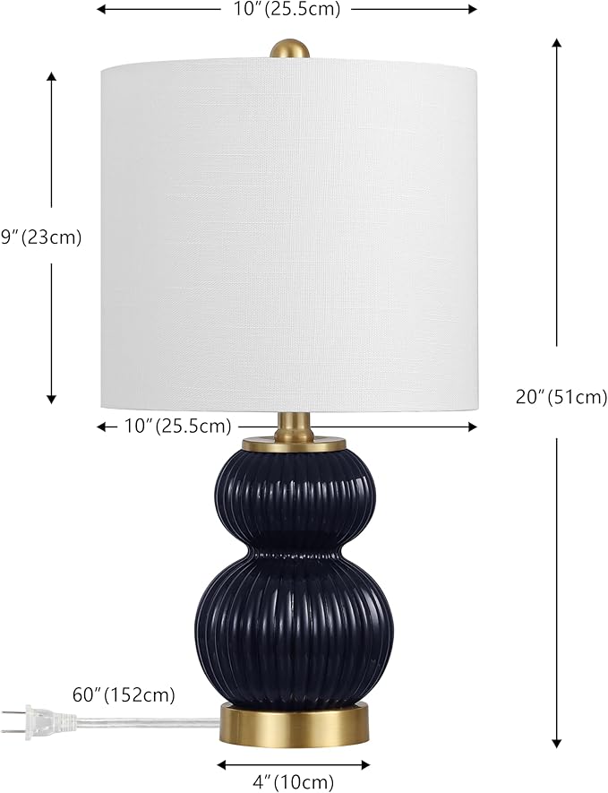 JONATHAN Y 20" Navy/Brass Gold Ribbed Gourd Glass Table Lamp, Modern Bedside Lamp for Bedroom Living Room, White Linen Drum Shade, LED Bulb Included (JYL1099D)