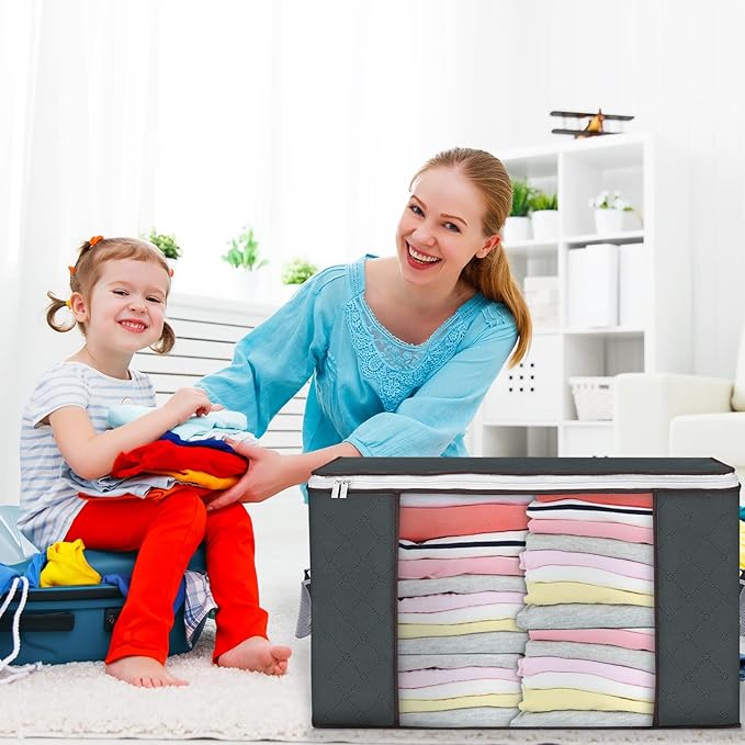 Large Storage Bags, 2 Pack Clothes Storage Bins Foldable Closet Organizers Storage Containers with Durable Handles Thick Fabric for Blanket Comforter Clothing Bedding 90 L