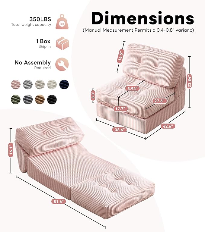 Tbfit 35.8'' Folding Sofa Bed, Convertible Sleeper Chair with Large Pillow, Corduroy Folding Couch Bed, Portable & Foldable Mattress Boneless Floor Single Sofa for Living Room, Bedroom, Office, Pink