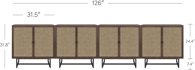 Nathan James Kova Bohemian Rattan Sideboard or TV Stand, Wooden Storage Cabinet with Doors, Walnut Sideboard Buffet or Rattan Accent Storage Cabinet with Matte Black Legs, Set of 4