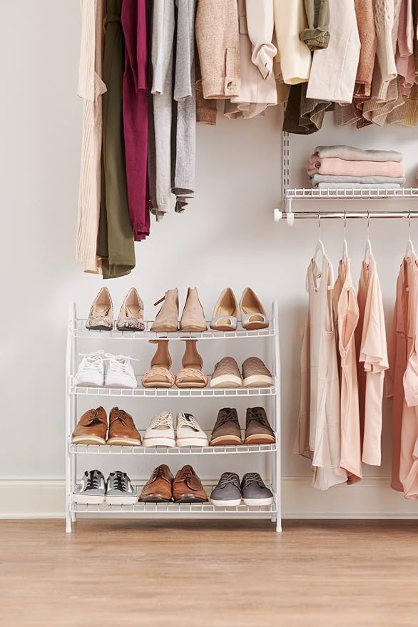 Rubbermaid 4-Tier Wire Shoe Rack, White, Simple Assemble, Storage Shelf for Organization in Bedroom/Closet
