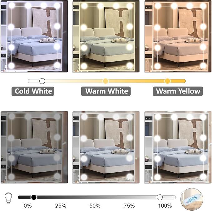 Makeup Vanity with Sliding Mirror and Lights, Modern Vanity Table with Stool and 6 Drawers, White Vanity Desk with Lights for Bedroom, Dressing Table Set for Petite Women and Girls, White