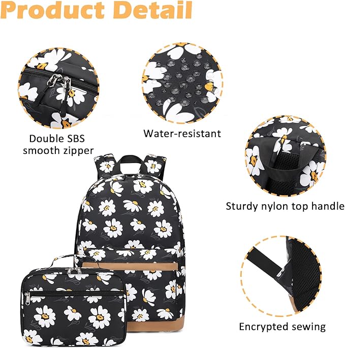 Girls Backpack with Lunch Box for Middle Elementary School,17 inch Kids School Backpack with Lunch Bag Set Black Daisy Lightweight