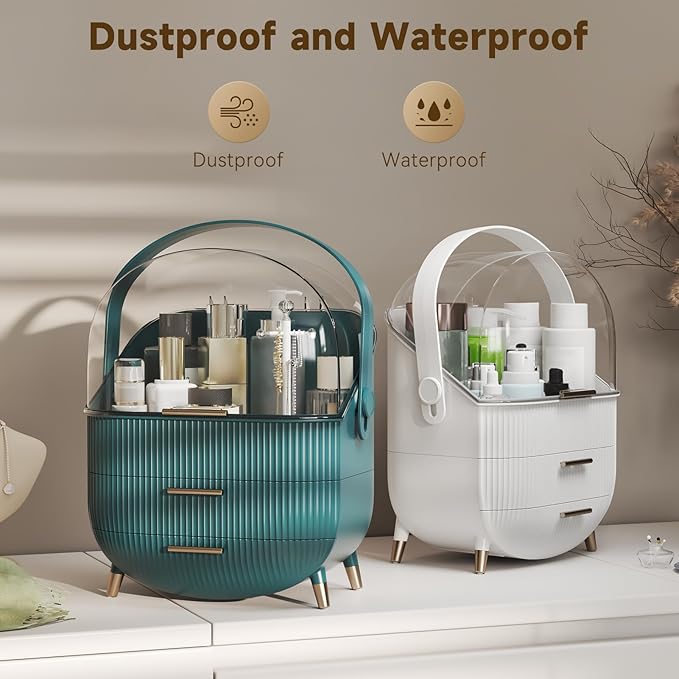 Makeup Organizers, Make Up Organizers for Vanity, Countertop Cosmetic Storage with Drawers and Transparent Cover for Bedroom Bathroom(White)