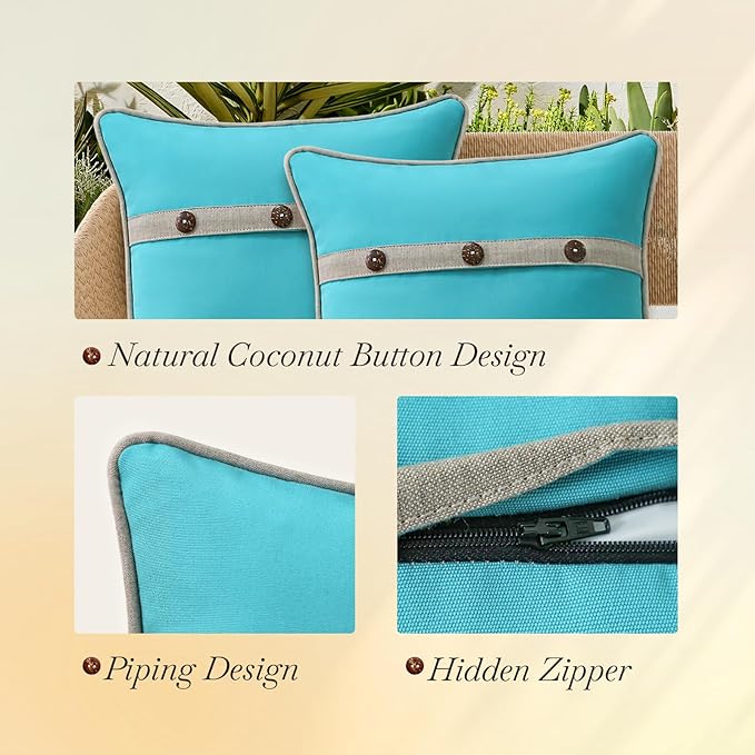 Outdoor Sunbrella Decorative Pillows with Triple Coconut Buttons Pack of 4, 16" x 16" Outdoor Pillow Set for Couch Bed Throw Patio Sofa, Canvas Aruba/Cast Ash