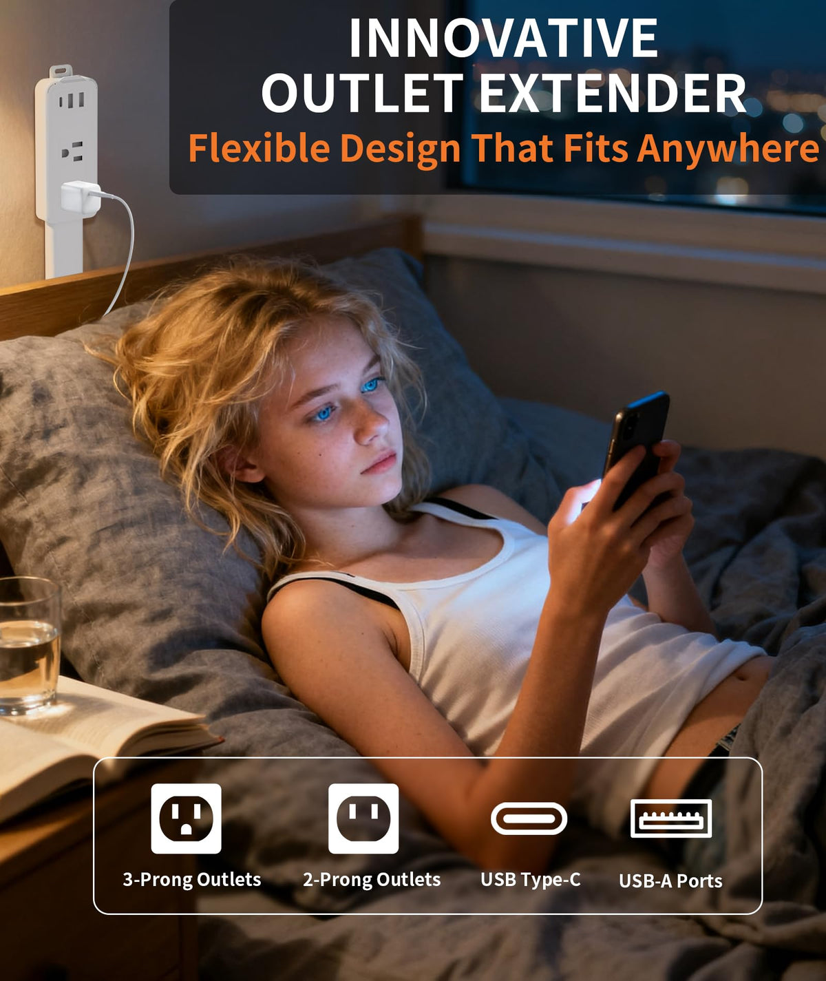 Electrical Outlet Extender Stick Features 2 USB-A, USB-C and 2 AC Outlets, Extendable 6", 15.3", 24.5", 34", for Hard to Reach Spaces Use Behind Couches, Nightstands, E-Sports Desks, and More