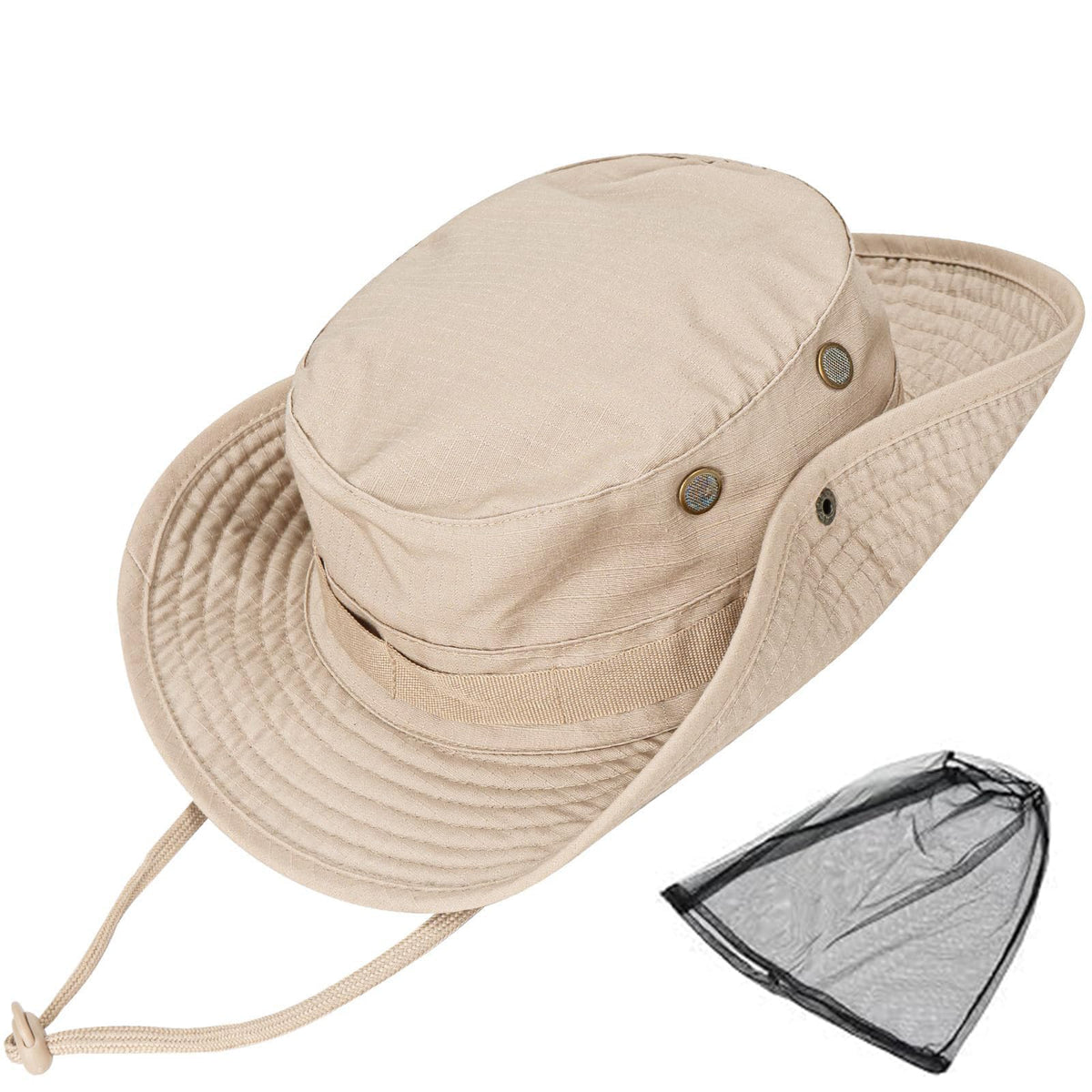 Sun Hats for Men Women Bucket Hat UPF 50+ Boonie Hat Foldable UV Protection Hiking Beach Fishing Summer Safari with Removable Head Net Mesh(1pack-Khaki)