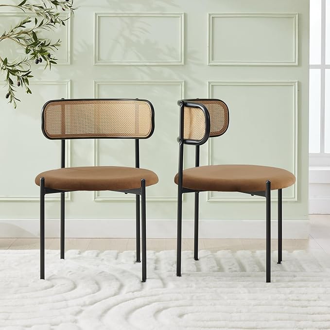Rattan Dining Chairs Set of 4, Mid Century Modern Dining Chairs with Cane Back and Boucle Upholstered Seat, Farmhouse Kitchen Chairs for Dining Room and Living Room, Brown