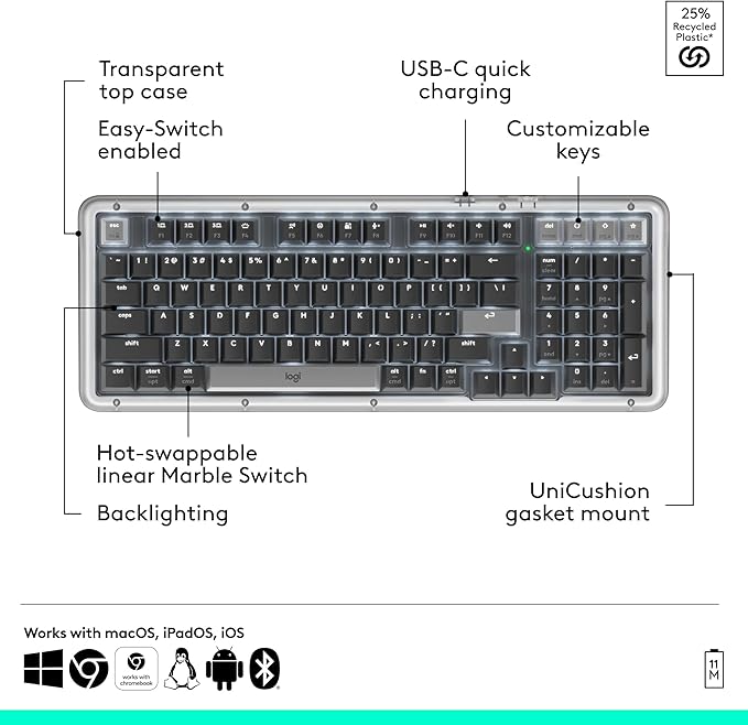 Logitech Alto Keys K98M Wireless Mechanical Keyboard, Customizable Keyboard with Vibration Absorbing Gasket, Backlit Keys, Bluetooth, USB-C Charging, for PC, Mac, Laptops - Graphite