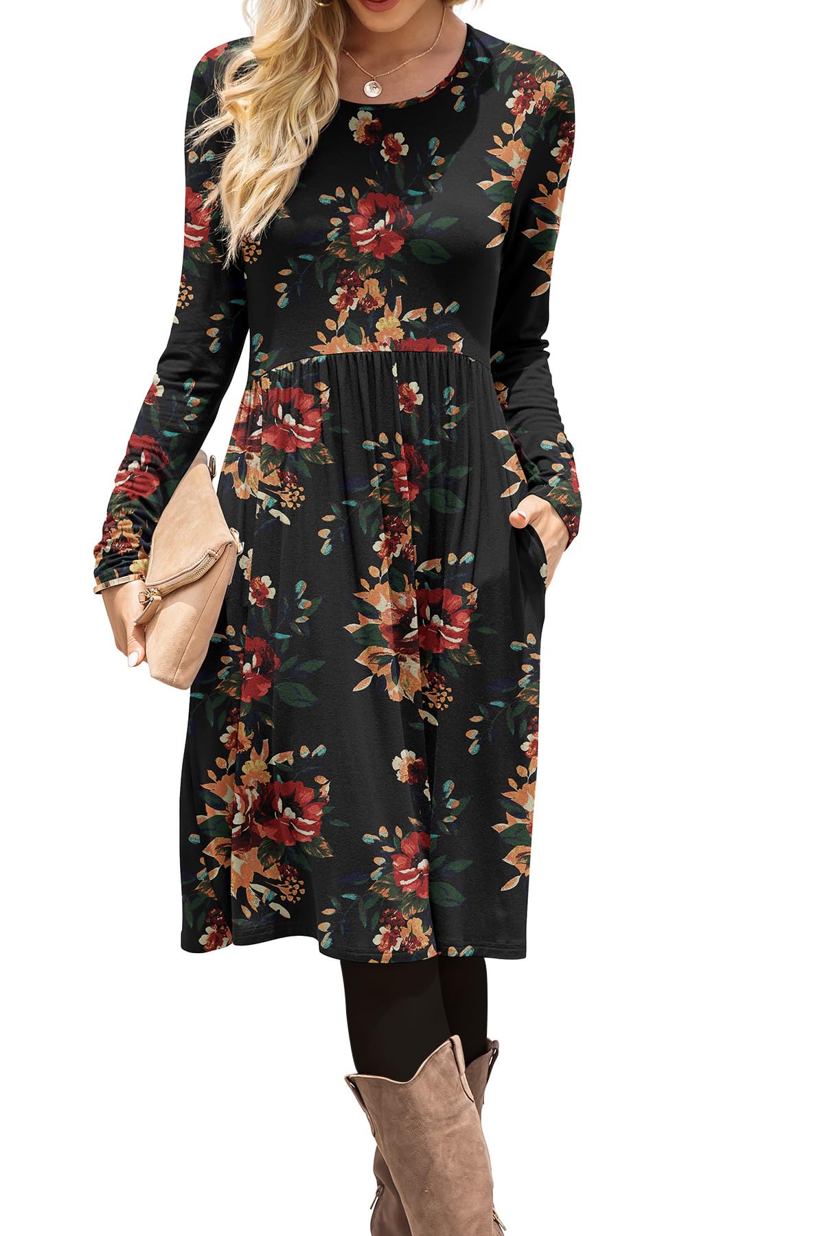 DB MOON Women Casual Long Sleeve Dresses Empire Waist Loose Dress with Pockets (Army Green, 2XL)