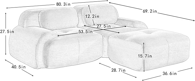 80" Modern Corduroy Boneless Love Seat Couches with 1 Ottoman, 2 Seater Large Sectional Couches for Living Room, Blue Cloud Modular Sectional Sofa, Memory Foam, Extra Deep Loveseat, No Assembly