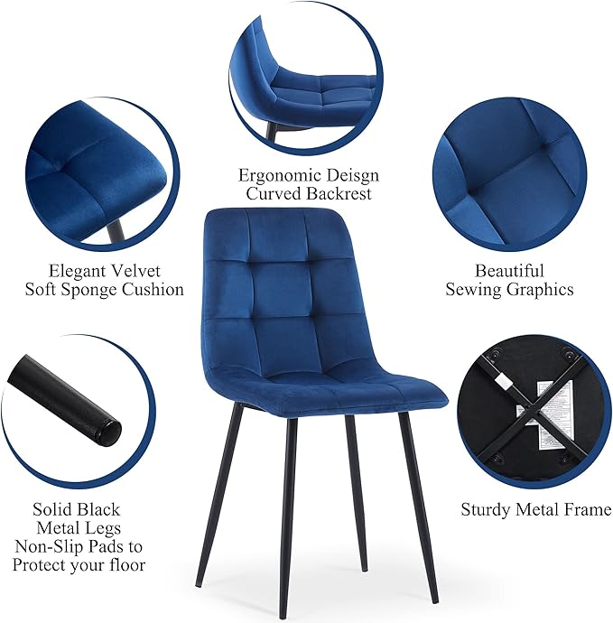 Upholstered Dining Chair Set of 4,Mid-Century Home Desk Tufted Pattern Design Side Velvet Elegant Kitchen with Sturdy Metal Legs for Home,Office, Navy Blue, Upholstered Velvet Chair