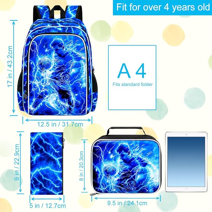 KLFVB 3PCS Backpack for Boys, 17" Football Bookbag and Lunch Box, Water Resistant Teenagers School Backpacks for Middle Elementary - Lightning Soccer