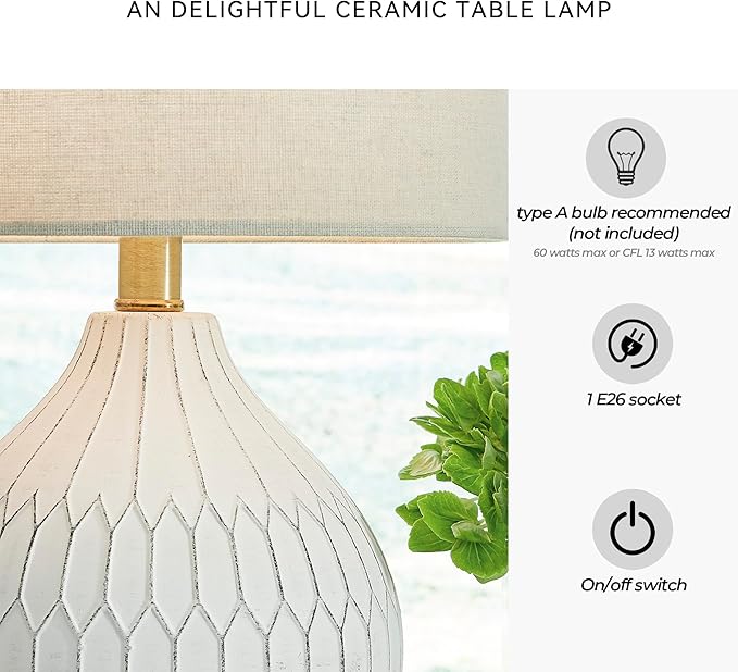Signature Design by Ashley Wardmont Contemporary Modern Table Lamp with Drum Hardback Fabric Shade, On-Off Switch, Ceramic, 17.75" High, Antique White