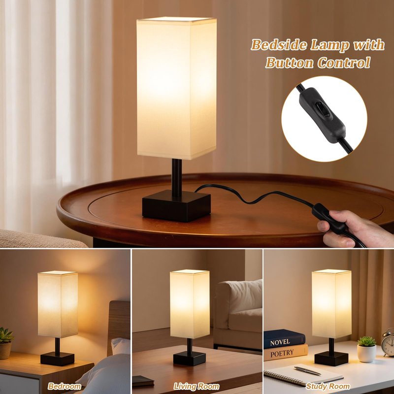 Percantis Bedside Lamp for Bedroom with White Shade, Small Lamp for Living Room,End Table, Button Switch(Bulb not Included)