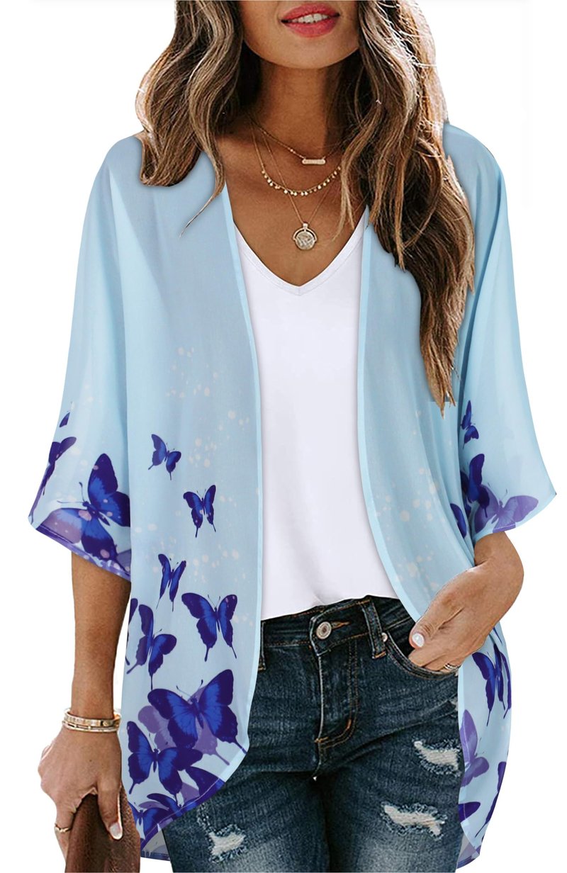 Women's Kimono Floral Cardigan Print Puff Cover Up Casual Blouse Summer Tops (Butterflies on Blue, S)