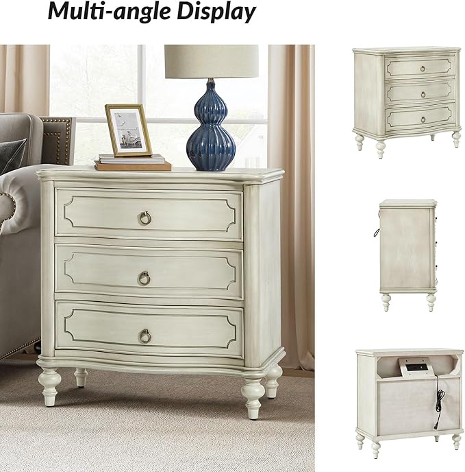 HULALA HOME Traditional Side Table with 3 Drawers, Tall Side Table with Curved Front Profle Desgin, Charging Station, Solid Wood Legs, White