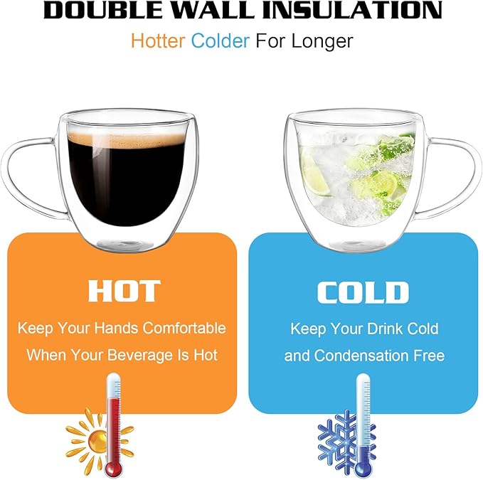 Clear Glass Double Wall Insulated Round Coffee Mugs Set of 2 Pieces - Small Size 5.5oz Best Reusable Coffee Mug for Home Cafe Restaurant Perfect for Espresso Capucinno Lungo Latte Coffee