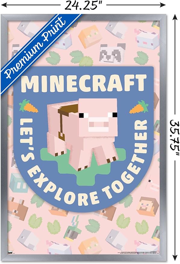 Trends International Minecraft - Let's Explore Together Wall Poster, 34L x 22.4W, Silver Framed Version