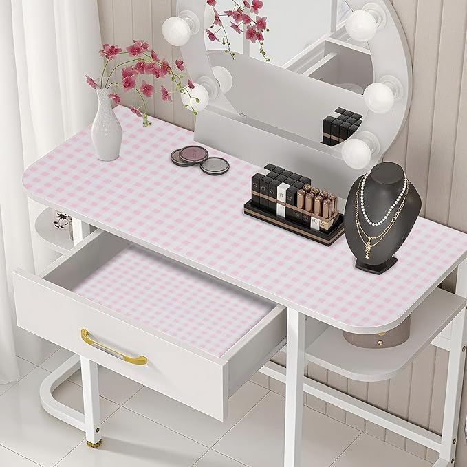 Beautysaid Shelf and Drawer Liner for Kitchen Cabinet, Non Adhesive Non Slip Shelf Paper Waterproof Washable Thickened for Dresser Pantry Shelve Bathroom Protector Liner(Pink Checker,23.6 in x 10 FT)