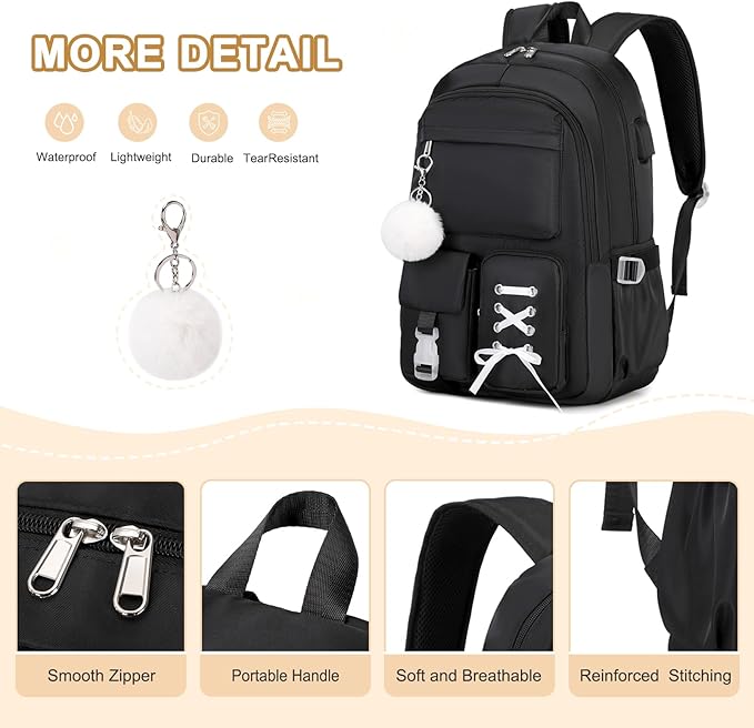Backpacks for Girls, Girls Backpack with Lunch Box & Pencil Pouch for Teens Girl Kids Elementary Middle High School College Student Bookbag Daypack Laptop Travel Backpack for Women (Black)
