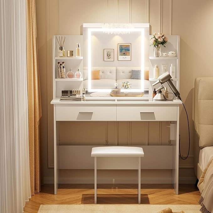 SMOOL Vanity with Lighted Mirror, Makeup Vanity Desk with Glass Top & Power Outlet, 3 Color Light Options, Vanity Table with 6 Storage Shelves, 2 Large Drawers and Cushioned Stool for Bedroom, White
